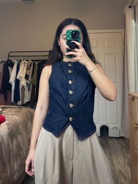 Zara Dark Blue Denim Tank with Gold Floral Buttons